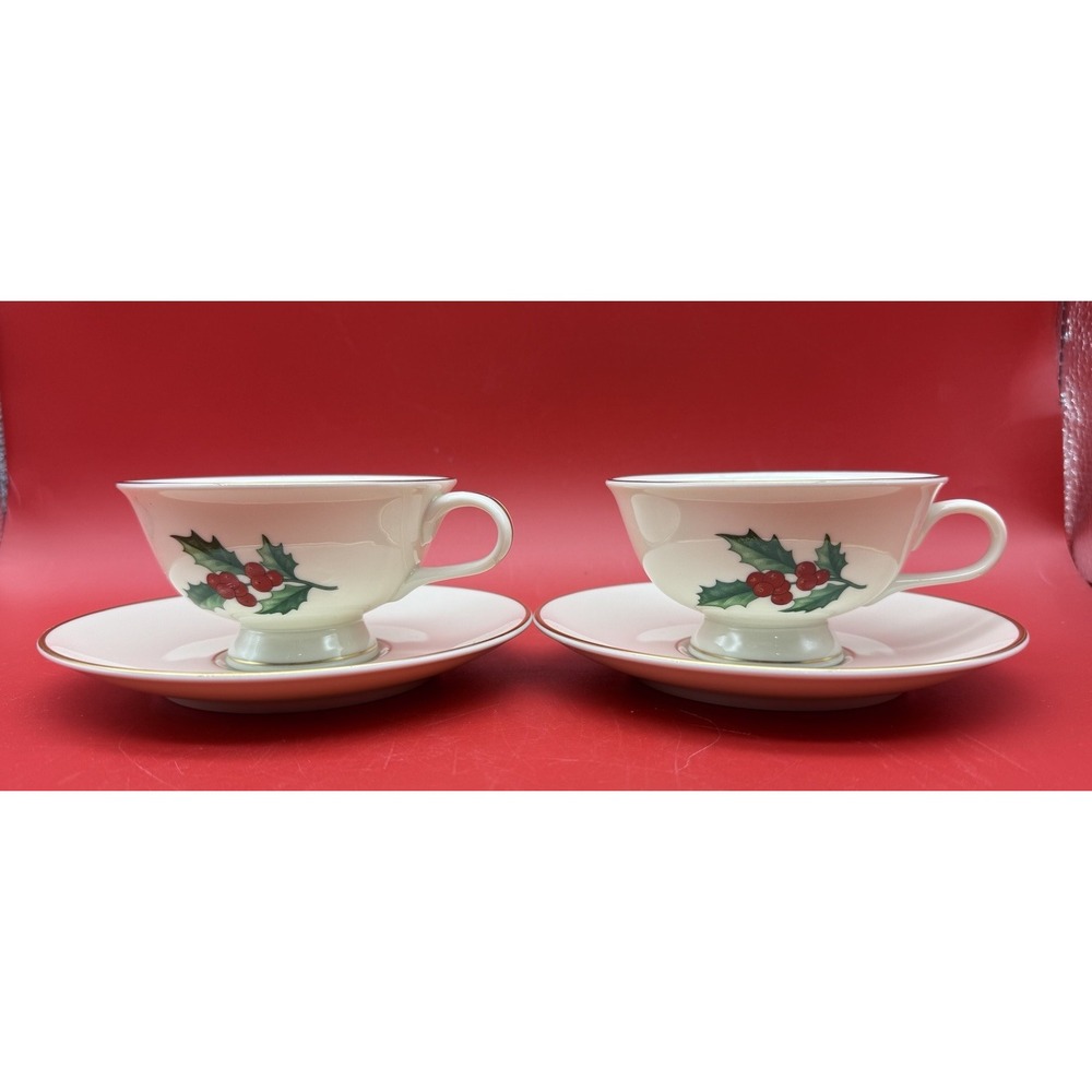 RARE Vintage Pickard China Holly Teacup & Saucer Set Of 2